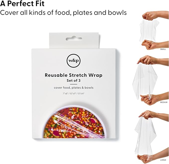W&P Reusable Silicone Stretch Wrap, 1 Box with 3 Wraps (7x8, 10x11, 13x14), Oven, Dishwasher, Microwave & Freezer Safe, BPA Free
