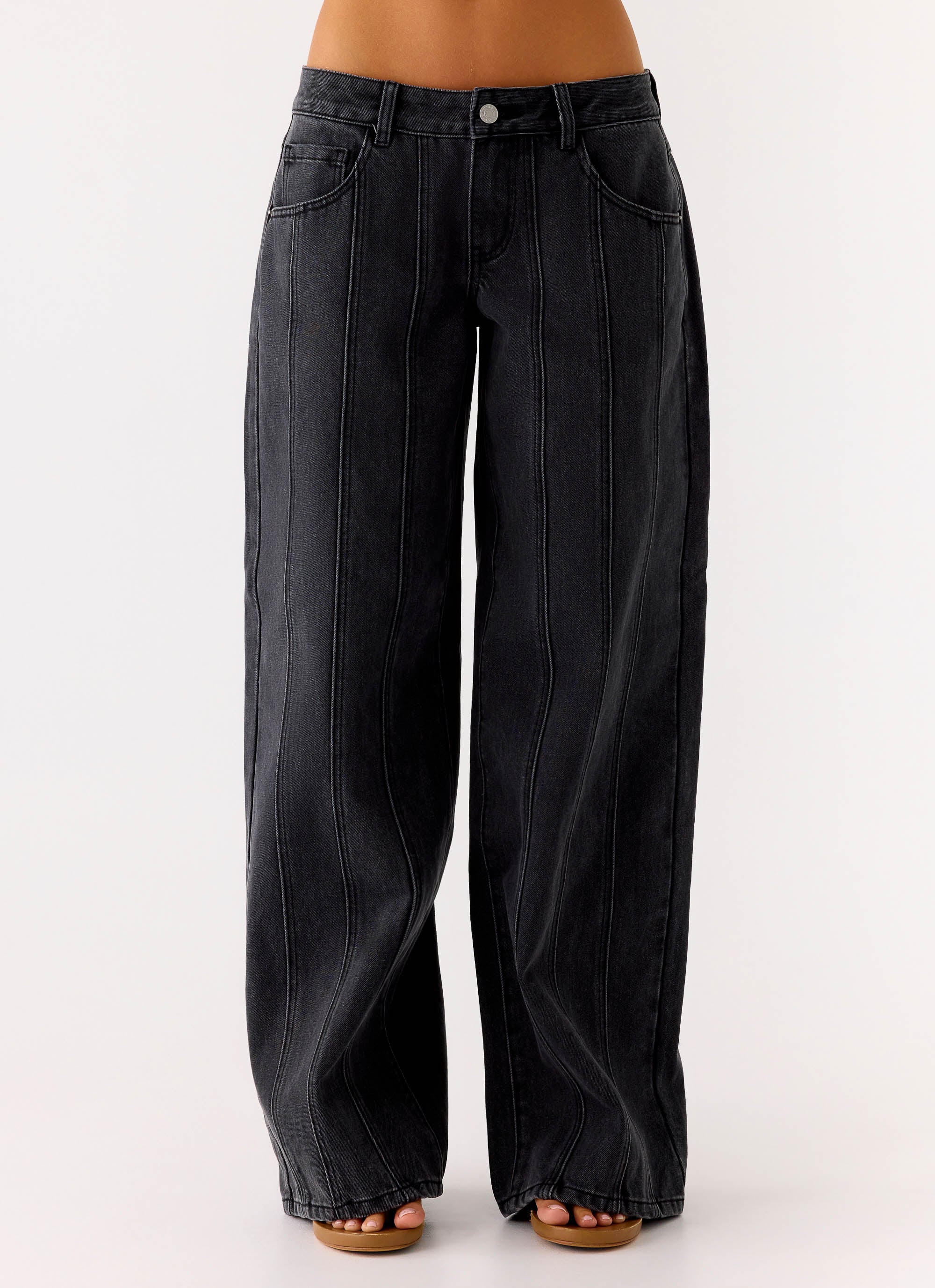 Johnny Low Rise Wide Leg Jeans - Grey Charcoal